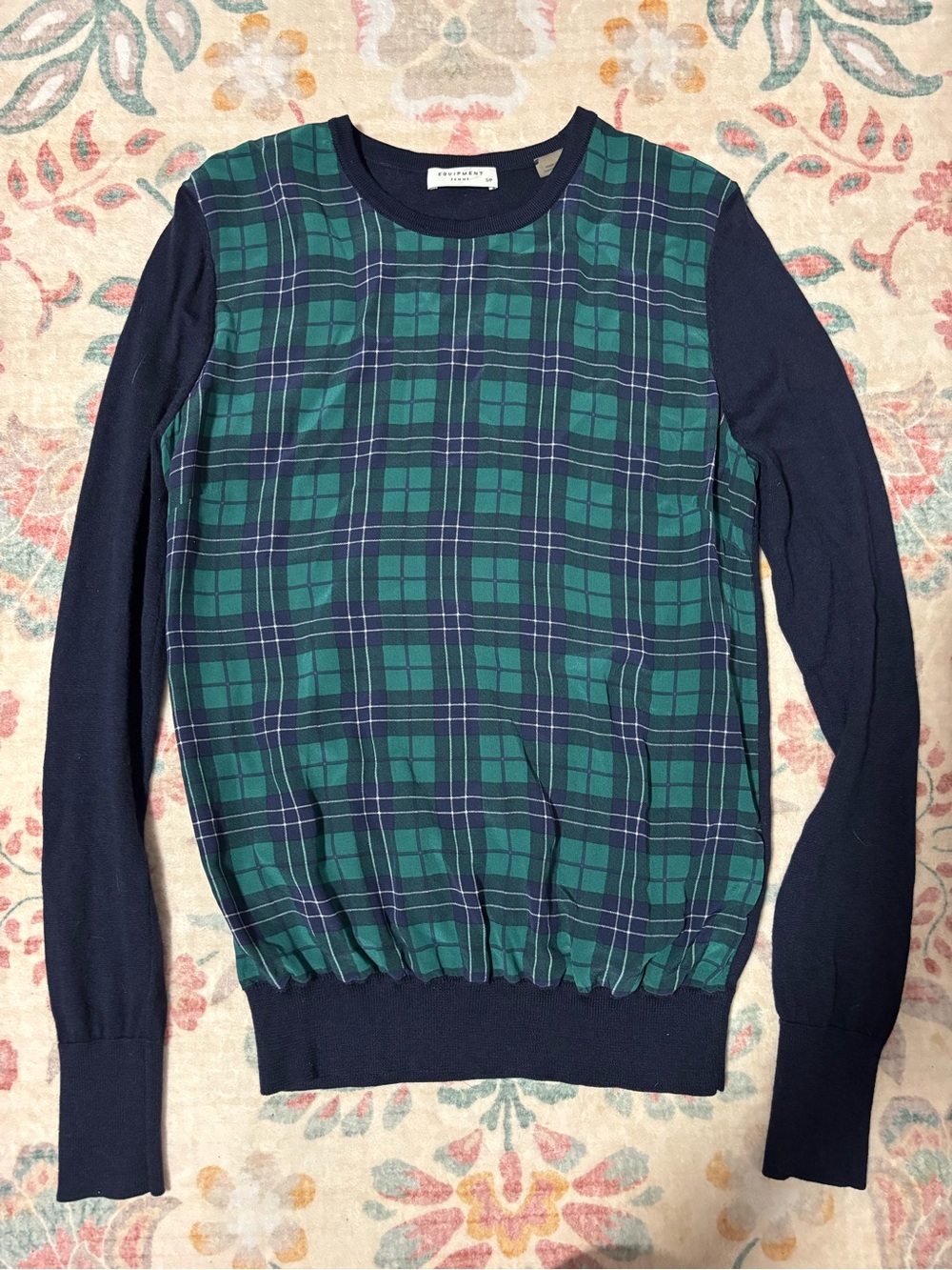 Equipment Green and Navy Plaid Front Crewneck Sweater